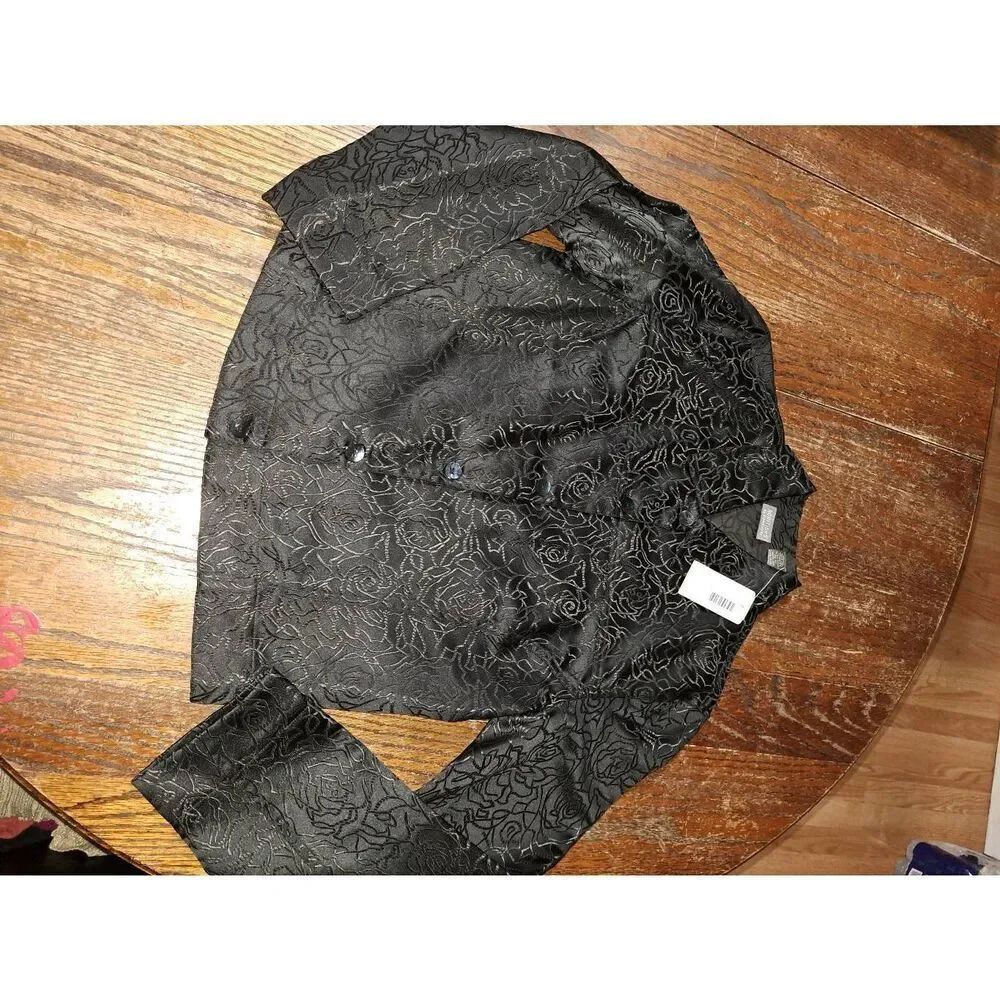 New Size 4 Chicos Size 0 Black Jacqard Blossom Long Island Jacket Blazer Button